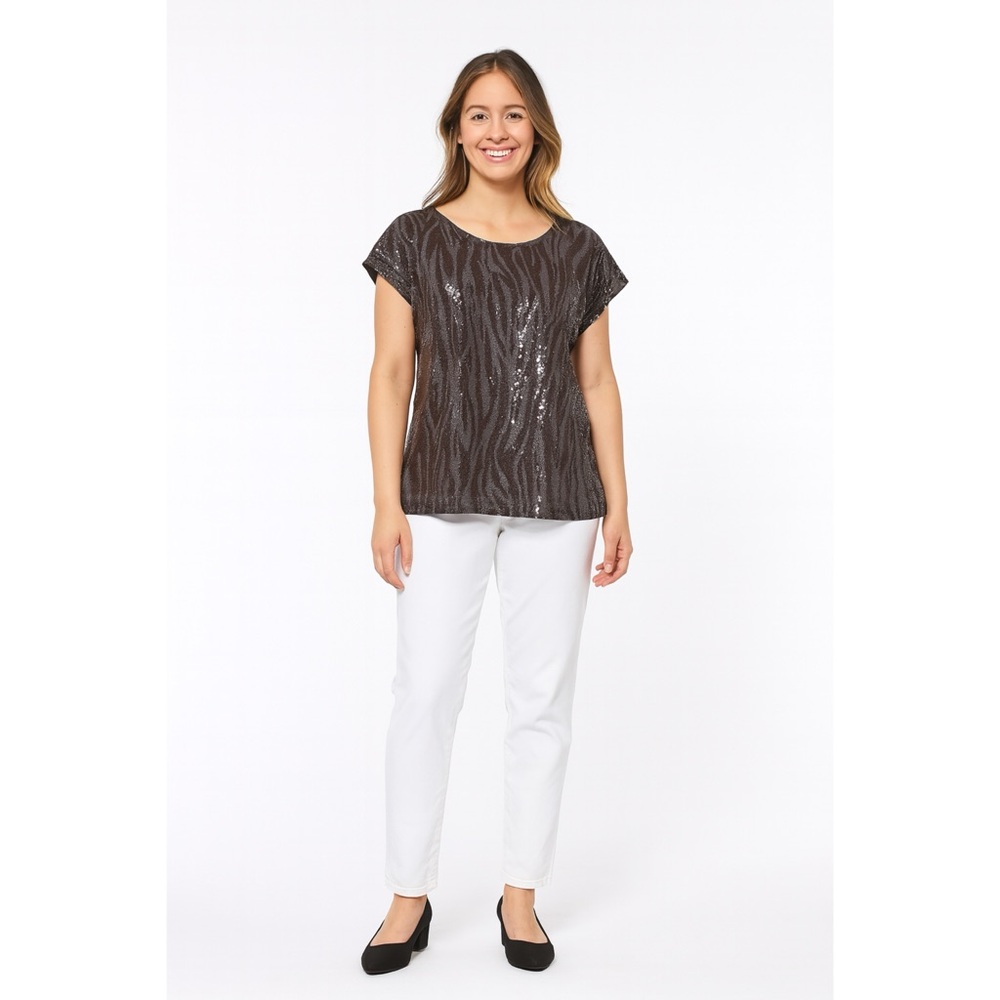 Cable & Gauge Sequin Zebra Print Blouse, Black/Gray Short Sleeve, Size M, NWT